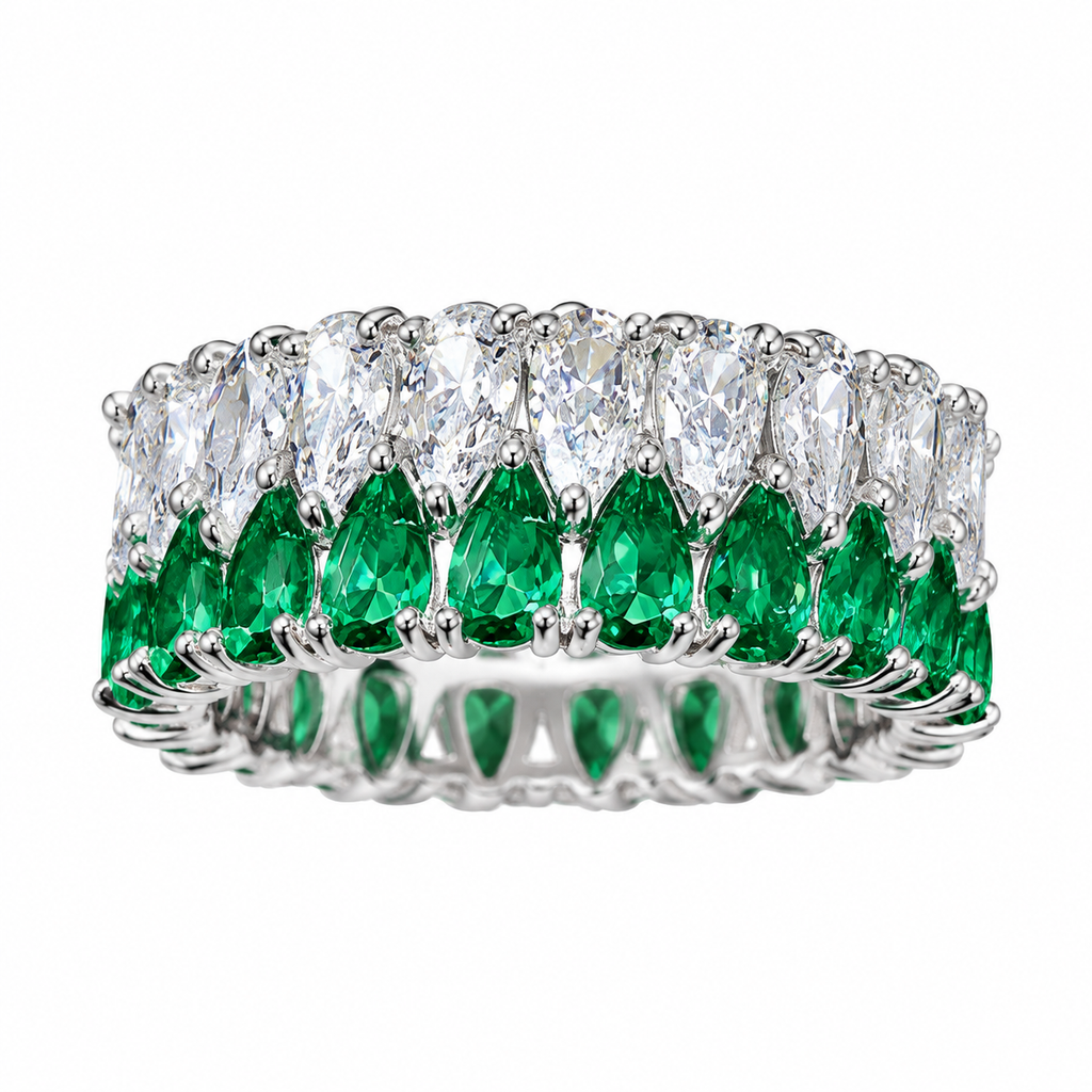 Silver Plated Double Row Pear Cut Green & Clear Cubic Zirconia Statement Ring for Women