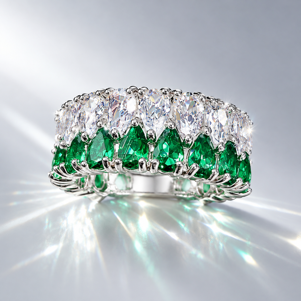 Silver Plated Double Row Pear Cut Green & Clear Cubic Zirconia Statement Ring for Women