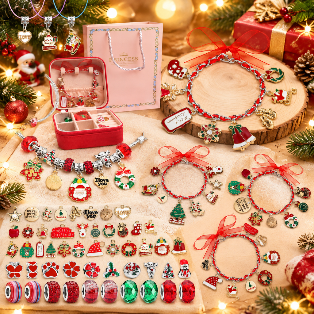 Christmas DIY Charm Bracelet Making Kit for Girls, Jewelry Making Supplies Set with Gift Box, Make Your Own Christmas Bracelet & Necklace Craft Kit Holiday Gift for Kids