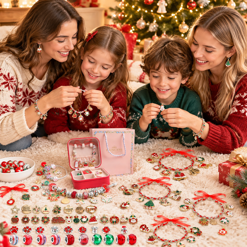 Christmas DIY Charm Bracelet Making Kit for Girls, Jewelry Making Supplies Set with Gift Box, Make Your Own Christmas Bracelet & Necklace Craft Kit Holiday Gift for Kids