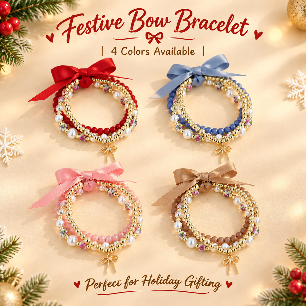 Christmas Multi Layer Beaded Stretch Bracelet for Women, Red Gold Pearl Stacked Bracelet with Red Bow, Festive Holiday Jewelry Gift