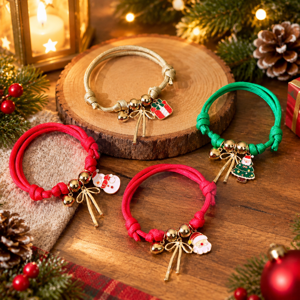 Christmas Rope Charm Bracelet for Women Kids, Adjustable Braided Cord Bracelet with Bell Enamel Charms, Festive Santa Tree Gift Holiday Jewelry