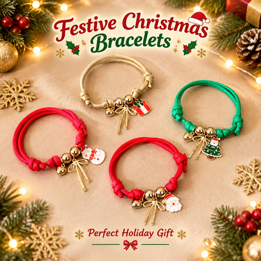 Christmas Rope Charm Bracelet for Women Kids, Adjustable Braided Cord Bracelet with Bell Enamel Charms, Festive Santa Tree Gift Holiday Jewelry