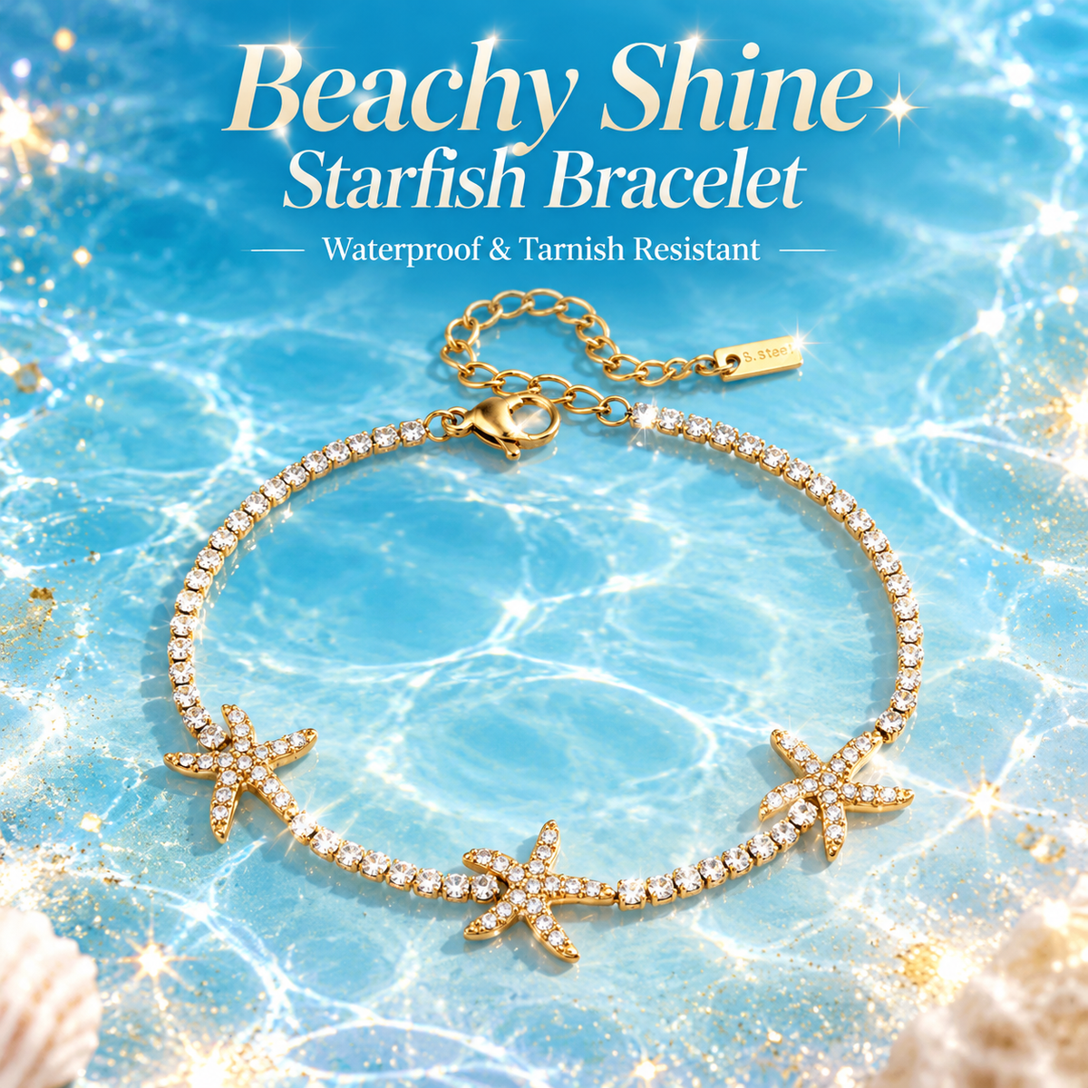 Gold Plated Crystal Starfish Tennis Bracelet for Women, Dainty Ocean Inspired Rhinestone Adjustable Bracelet Beach Jewelry Gift
