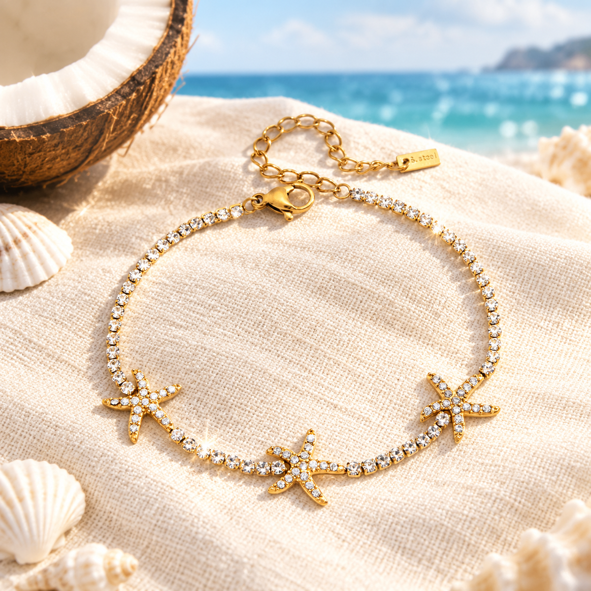 Gold Plated Crystal Starfish Tennis Bracelet for Women, Dainty Ocean Inspired Rhinestone Adjustable Bracelet Beach Jewelry Gift