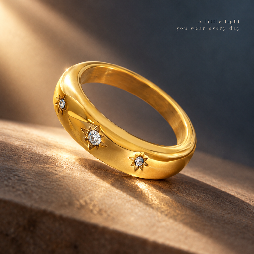 Starburst CZ Diamond Gold Band Ring, Stainless Steel Waterproof Stackable Minimalist Ring for Women