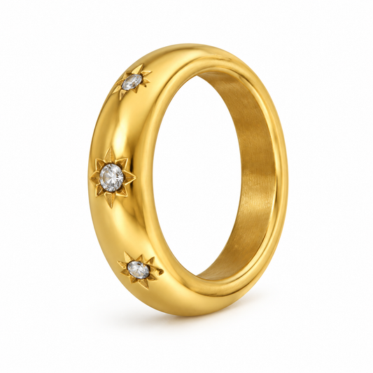 Starburst CZ Diamond Gold Band Ring, Stainless Steel Waterproof Stackable Minimalist Ring for Women