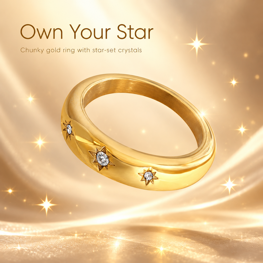 Starburst CZ Diamond Gold Band Ring, Stainless Steel Waterproof Stackable Minimalist Ring for Women