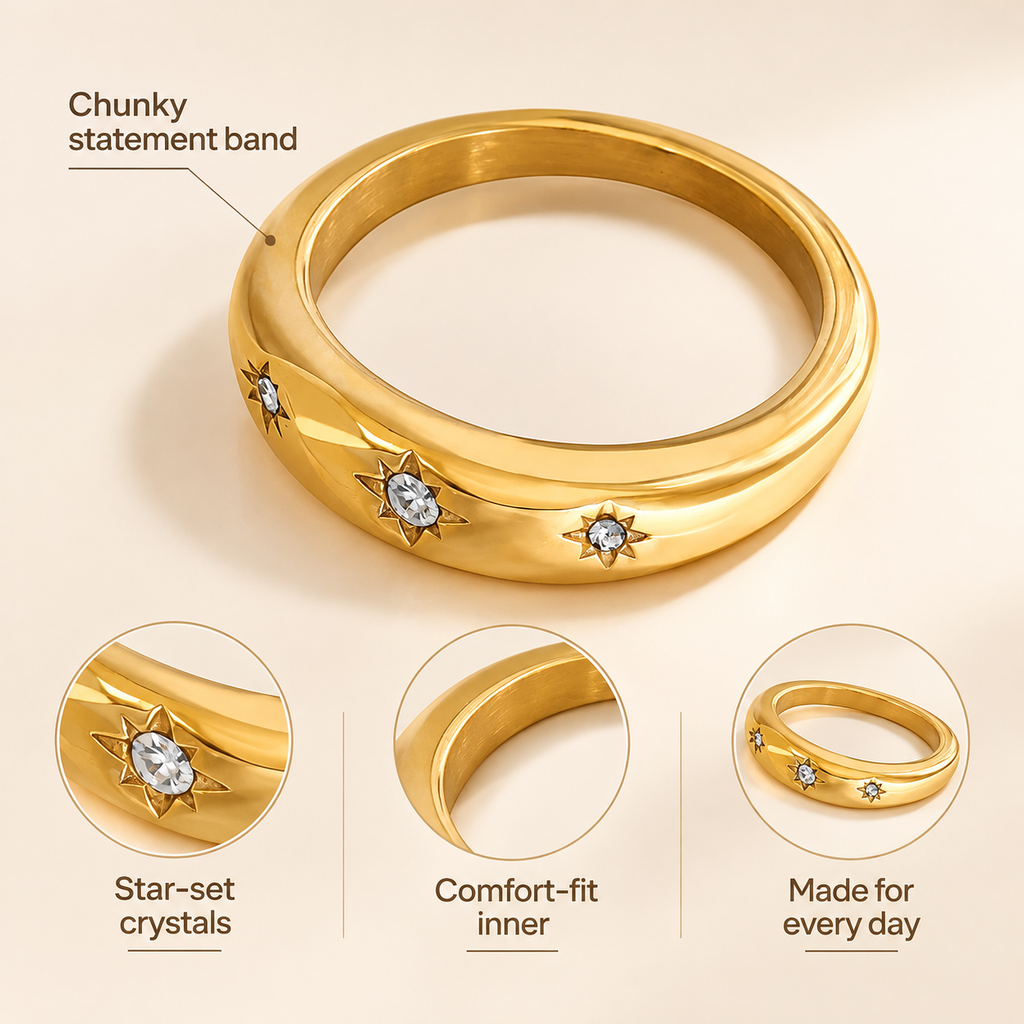 Starburst CZ Diamond Gold Band Ring, Stainless Steel Waterproof Stackable Minimalist Ring for Women