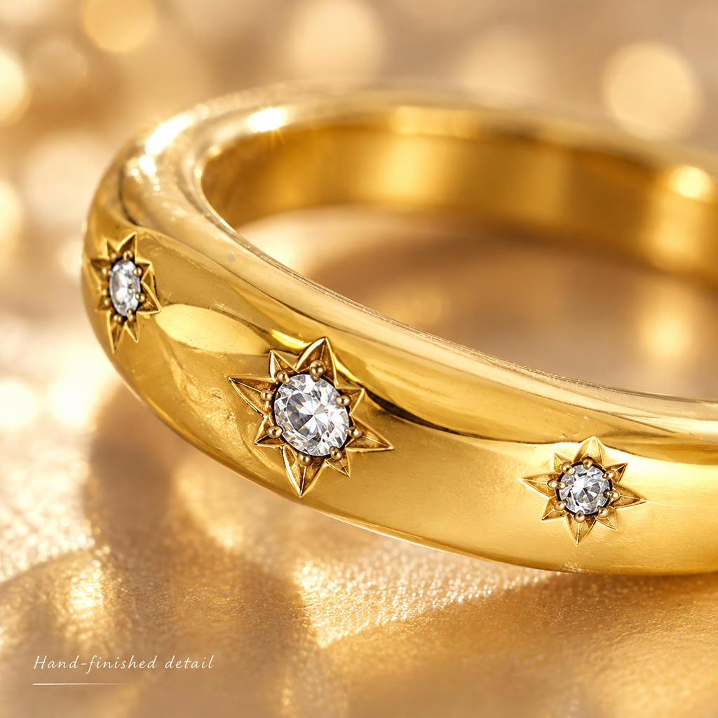 Starburst CZ Diamond Gold Band Ring, Stainless Steel Waterproof Stackable Minimalist Ring for Women