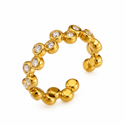 Gold Bezel CZ Open Ring, 316L Stainless Steel Waterproof Adjustable Bubble Stackable Ring for Women