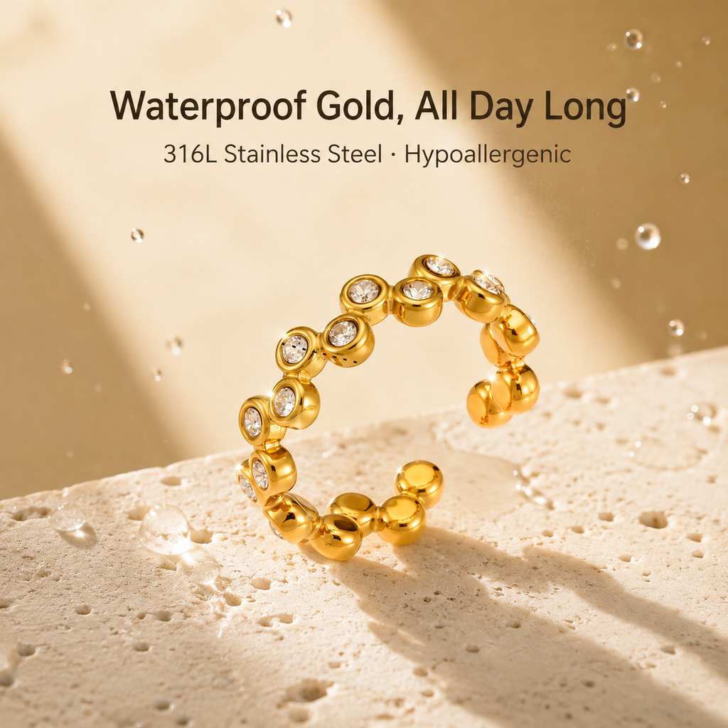 Gold Bezel CZ Open Ring, 316L Stainless Steel Waterproof Adjustable Bubble Stackable Ring for Women
