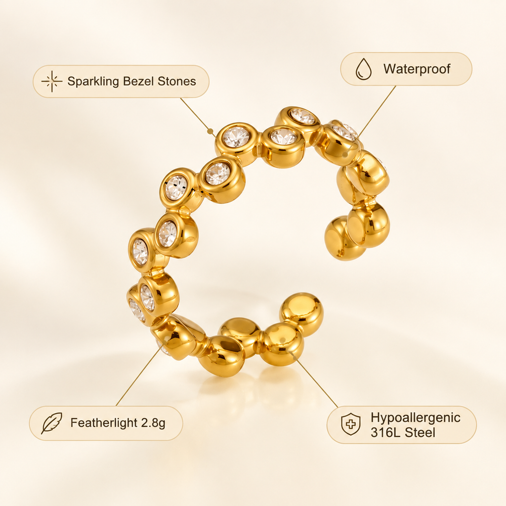 Gold Bezel CZ Open Ring, 316L Stainless Steel Waterproof Adjustable Bubble Stackable Ring for Women