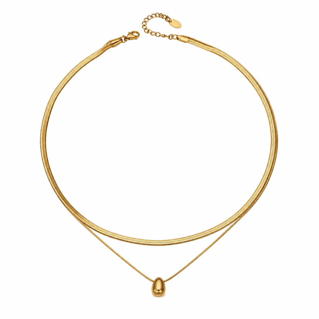 Double Layer Gold Snake Chain Teardrop Pendant Necklace, 316L Stainless Steel Waterproof Stack Choker Necklace for Women