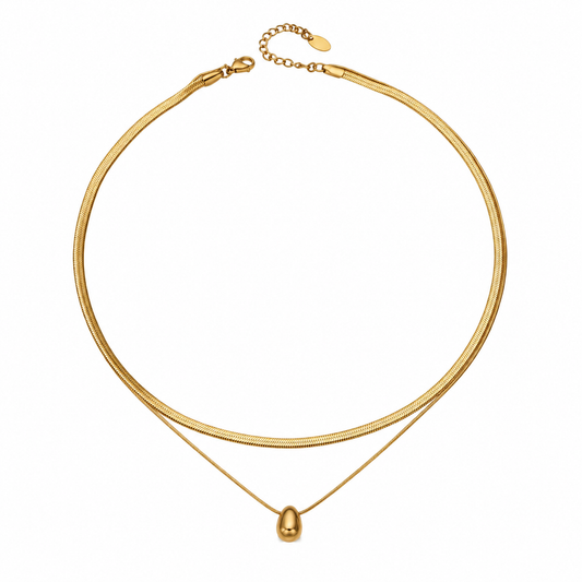 Double Layer Gold Snake Chain Teardrop Pendant Necklace, 316L Stainless Steel Waterproof Stack Choker Necklace for Women