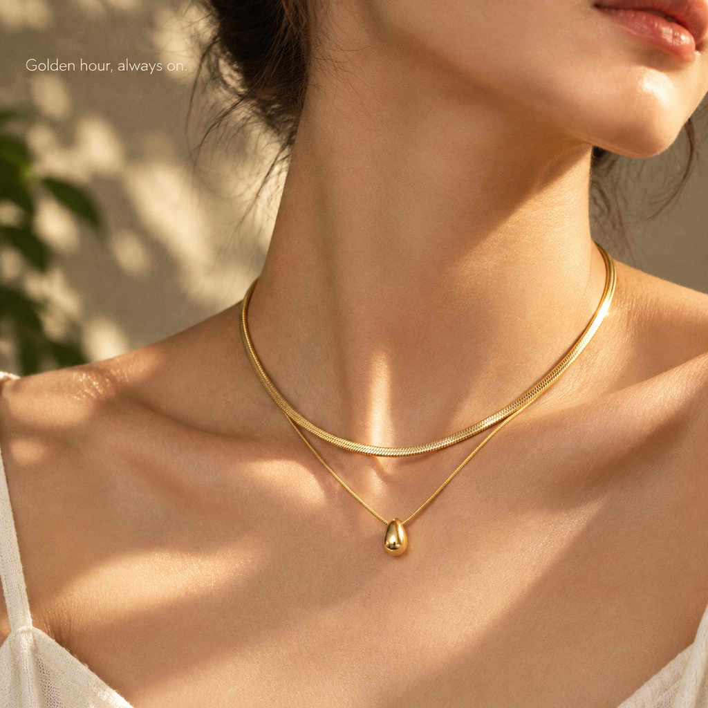Double Layer Gold Snake Chain Teardrop Pendant Necklace, 316L Stainless Steel Waterproof Stack Choker Necklace for Women