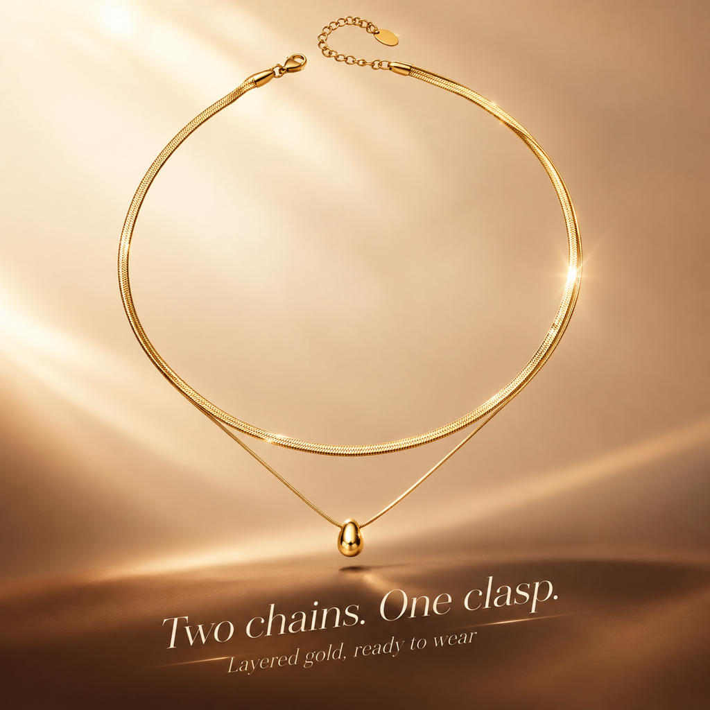 Double Layer Gold Snake Chain Teardrop Pendant Necklace, 316L Stainless Steel Waterproof Stack Choker Necklace for Women