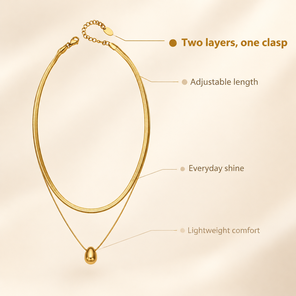 Double Layer Gold Snake Chain Teardrop Pendant Necklace, 316L Stainless Steel Waterproof Stack Choker Necklace for Women