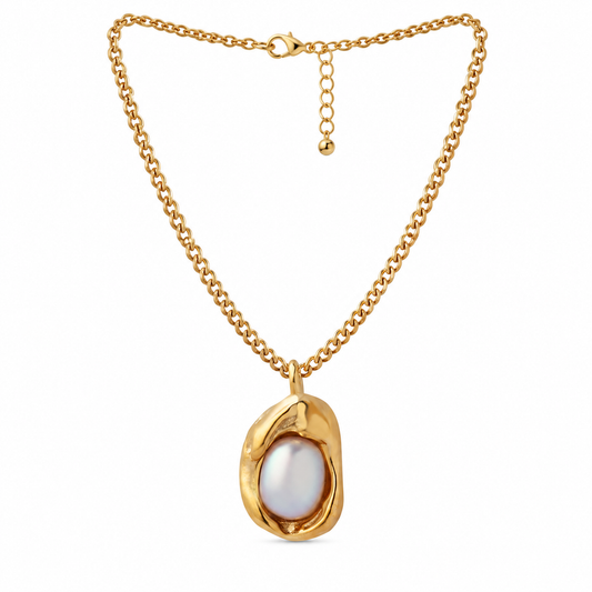 Gold Irregular Baroque Pearl Pendant Necklace, 316L Stainless Steel Waterproof Curb Chain Necklace for Women