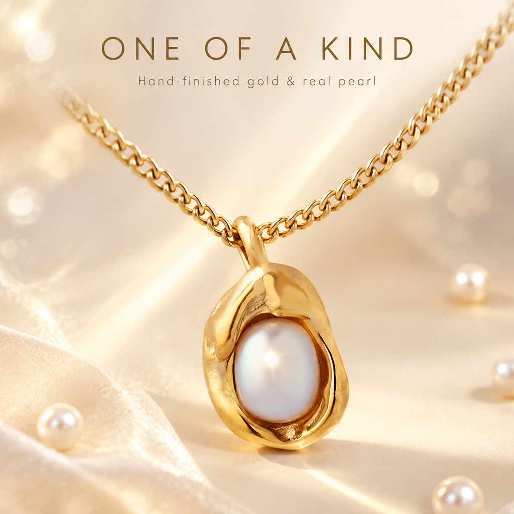 Gold Irregular Baroque Pearl Pendant Necklace, 316L Stainless Steel Waterproof Curb Chain Necklace for Women