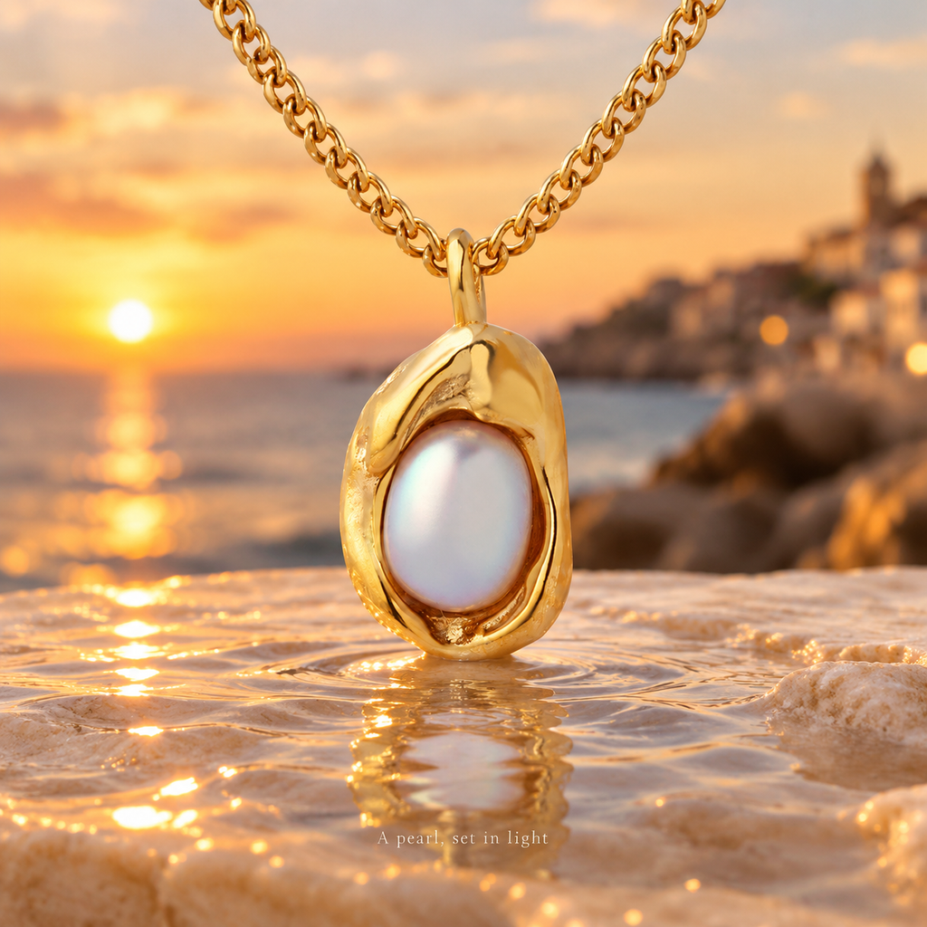 Gold Irregular Baroque Pearl Pendant Necklace, 316L Stainless Steel Waterproof Curb Chain Necklace for Women