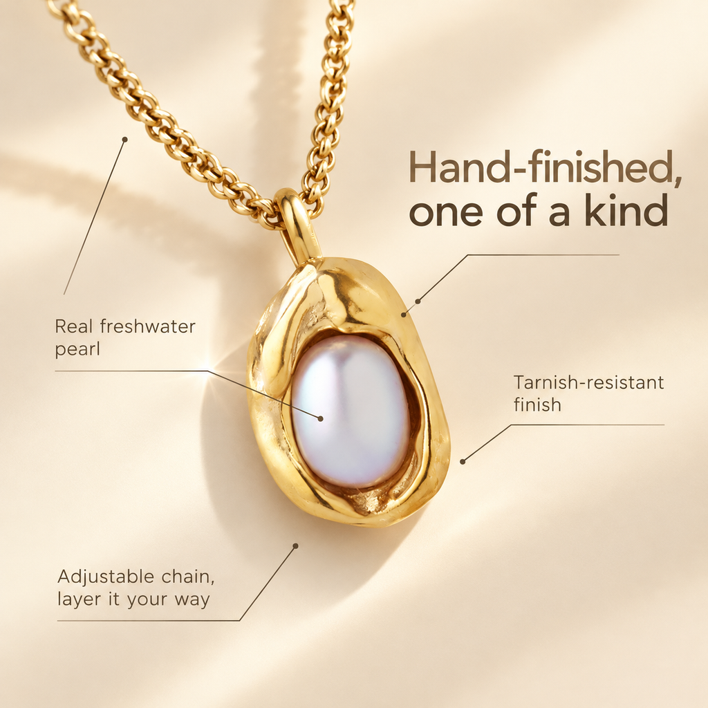 Gold Irregular Baroque Pearl Pendant Necklace, 316L Stainless Steel Waterproof Curb Chain Necklace for Women