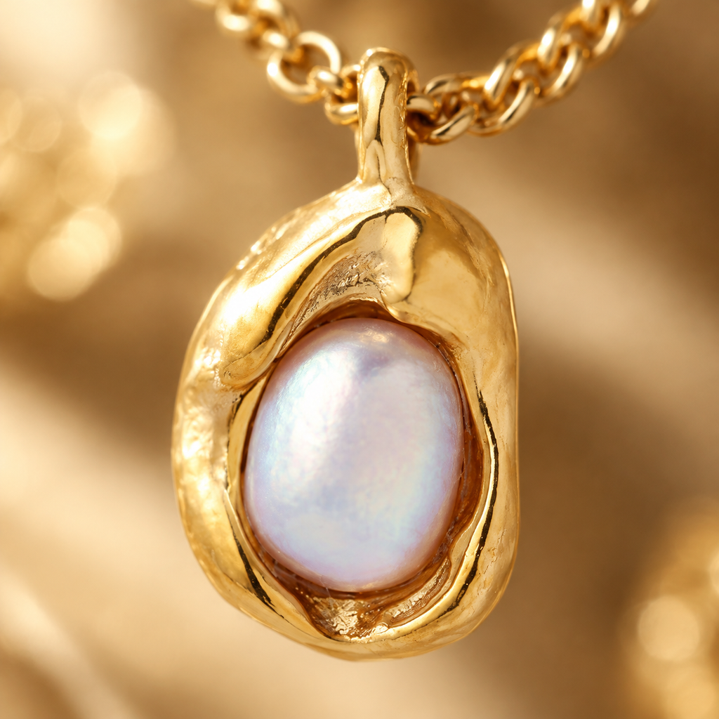 Gold Irregular Baroque Pearl Pendant Necklace, 316L Stainless Steel Waterproof Curb Chain Necklace for Women
