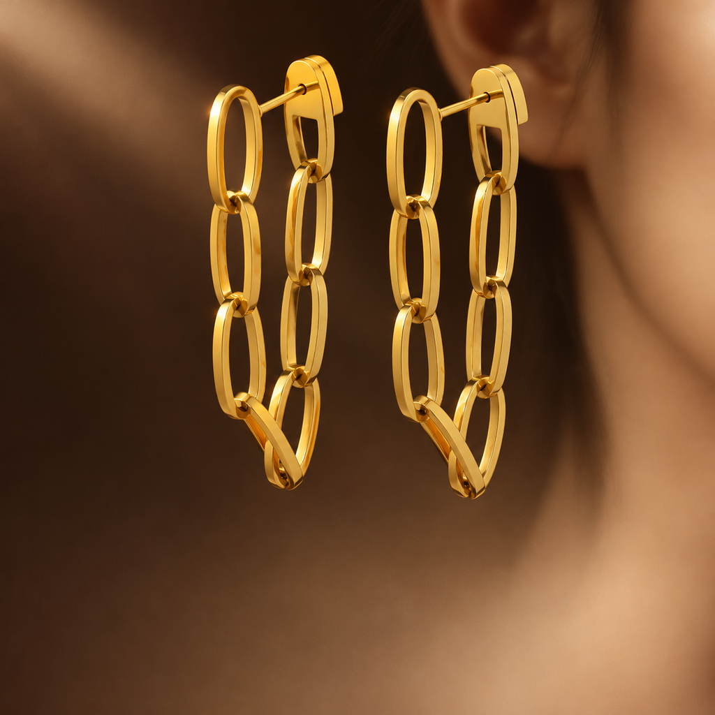 Gold Long Paperclip Chain Drop Earrings, 316L Stainless Steel Waterproof Statement Dangle Earrings for Women