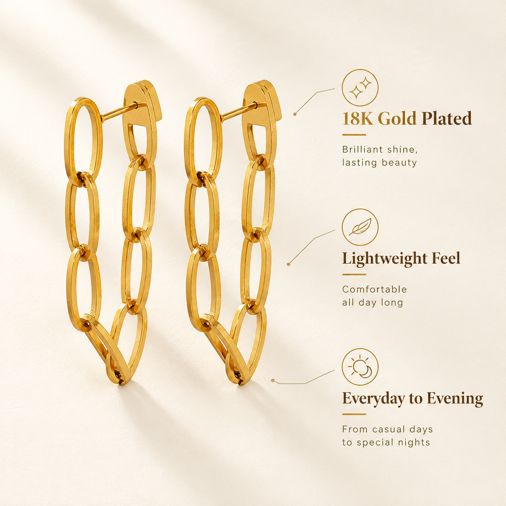 Gold Long Paperclip Chain Drop Earrings, 316L Stainless Steel Waterproof Statement Dangle Earrings for Women
