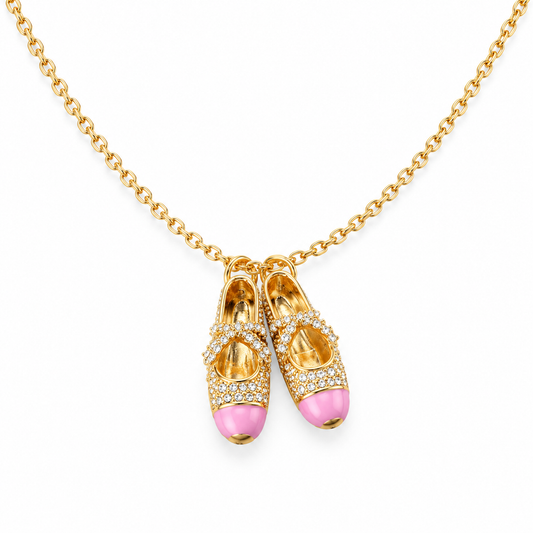 Gold Pink Enamel Ballet Shoe Charm Necklace, Dainty Rhinestone Ballerina Slipper Pendant Necklace for Women Girls