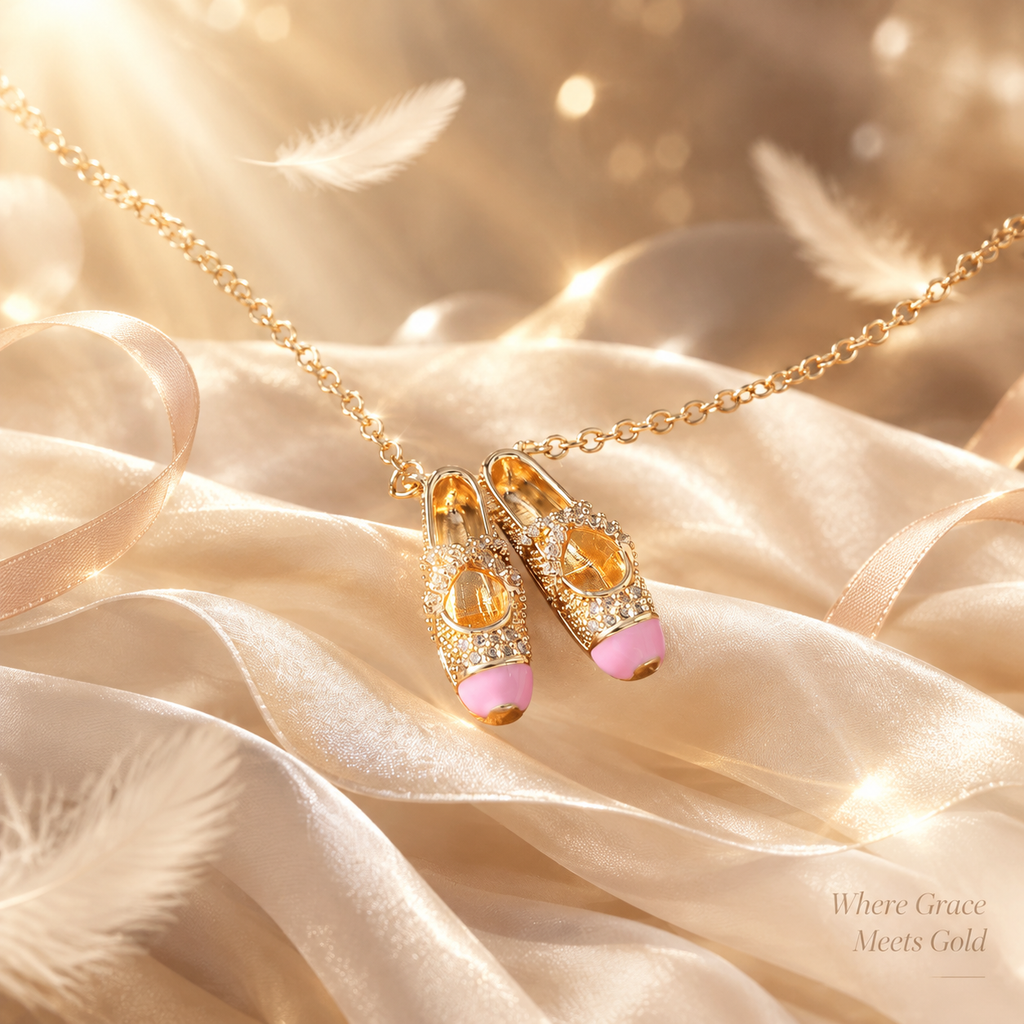 Gold Pink Enamel Ballet Shoe Charm Necklace, Dainty Rhinestone Ballerina Slipper Pendant Necklace for Women Girls