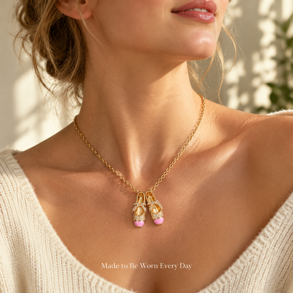 Gold Pink Enamel Ballet Shoe Charm Necklace, Dainty Rhinestone Ballerina Slipper Pendant Necklace for Women Girls