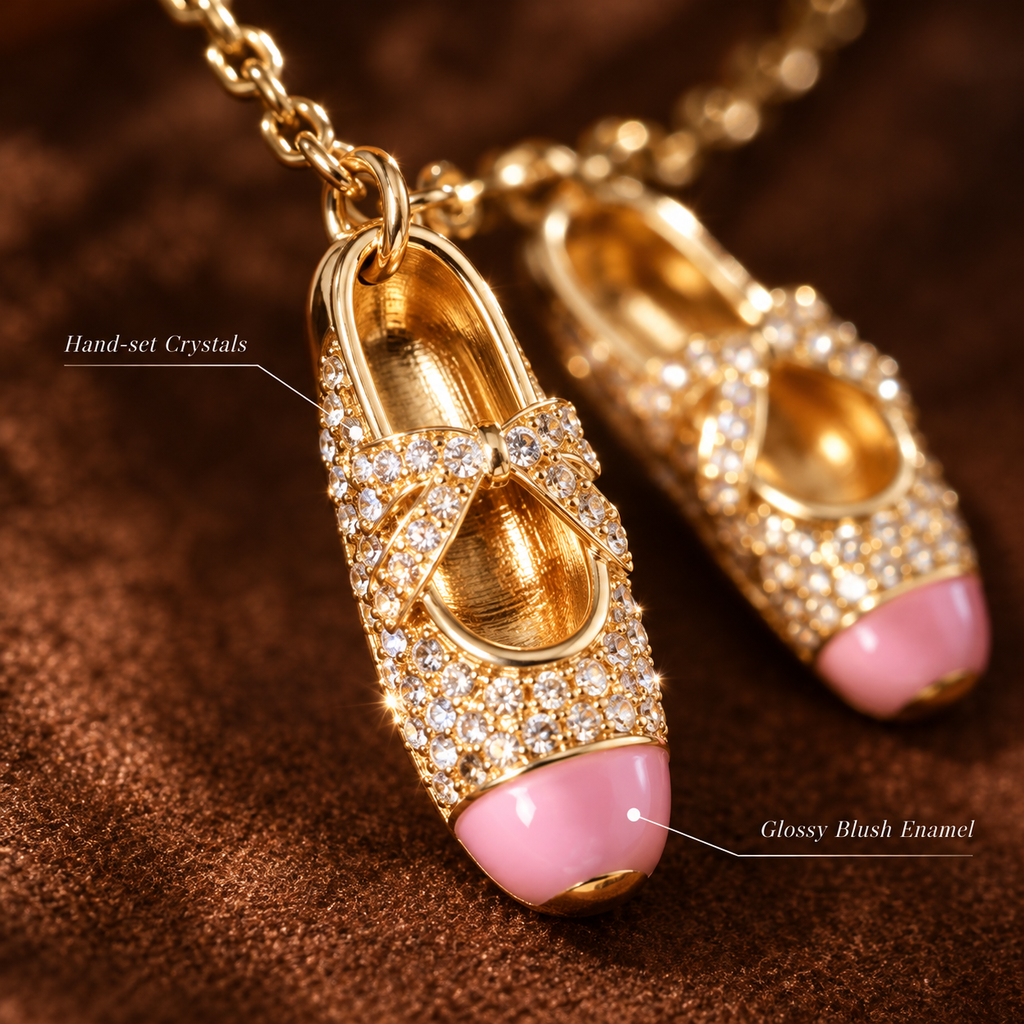 Gold Pink Enamel Ballet Shoe Charm Necklace, Dainty Rhinestone Ballerina Slipper Pendant Necklace for Women Girls
