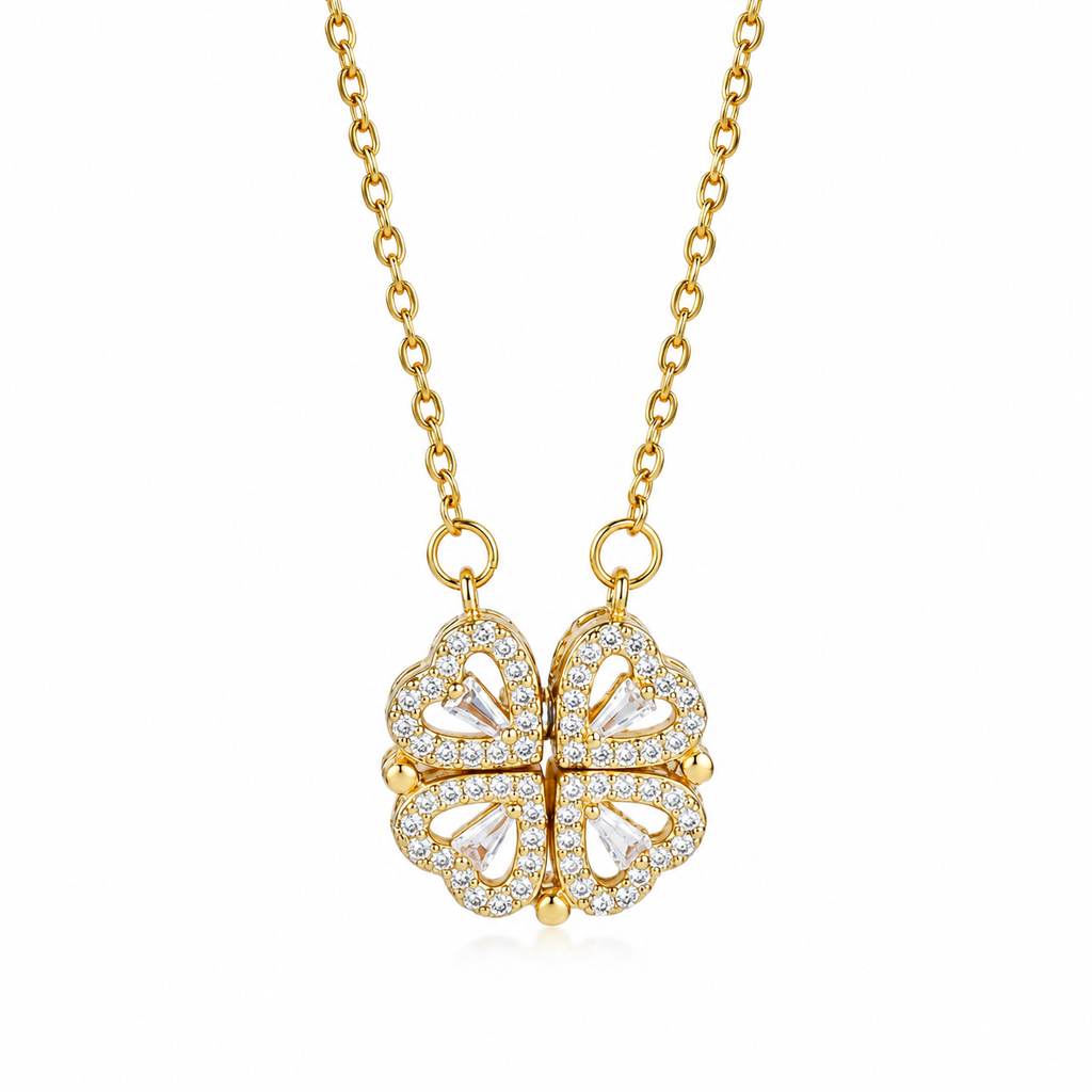 Gold Sparkling Clover Necklace, Foldable 4 Leaf Clover Pendant Necklace, Rhinestone Lucky Charm Adjustable Necklace for Women