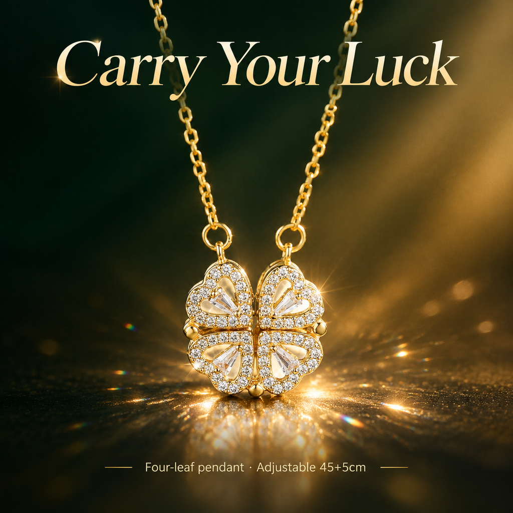 Gold Sparkling Clover Necklace, Foldable 4 Leaf Clover Pendant Necklace, Rhinestone Lucky Charm Adjustable Necklace for Women