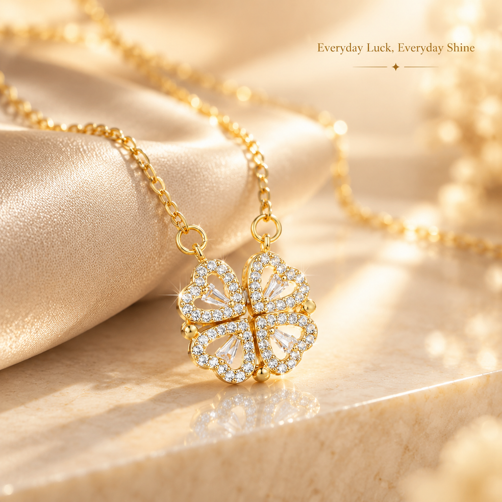 Gold Sparkling Clover Necklace, Foldable 4 Leaf Clover Pendant Necklace, Rhinestone Lucky Charm Adjustable Necklace for Women