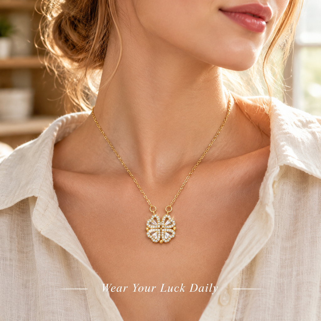 Gold Sparkling Clover Necklace, Foldable 4 Leaf Clover Pendant Necklace, Rhinestone Lucky Charm Adjustable Necklace for Women