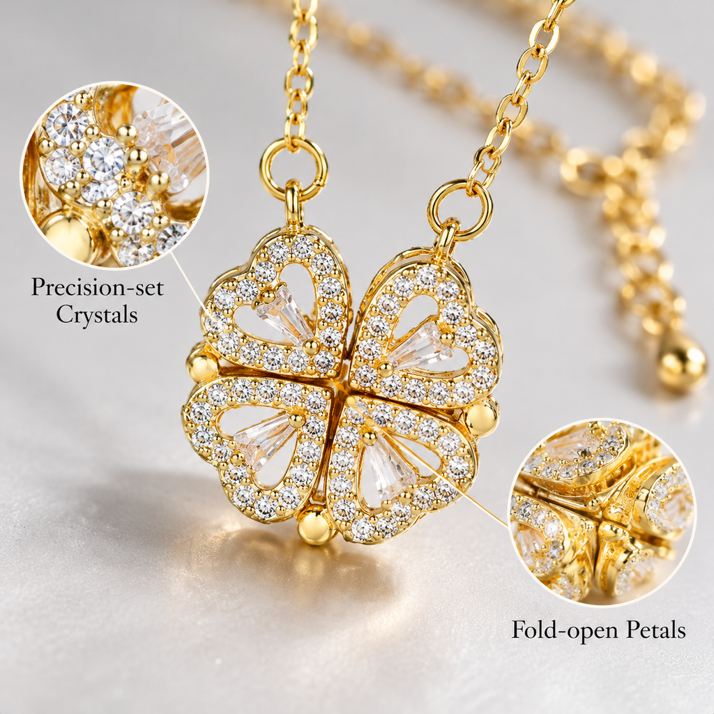 Gold Sparkling Clover Necklace, Foldable 4 Leaf Clover Pendant Necklace, Rhinestone Lucky Charm Adjustable Necklace for Women