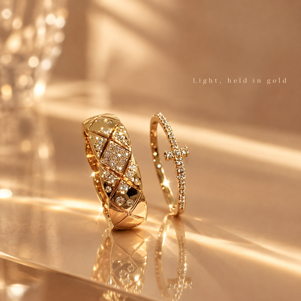 Gold Stackable Ring Set, Rhinestone Quilted Wide Band & Cross Ring, 2 Pcs Sparkly Stacking Rings for Women
