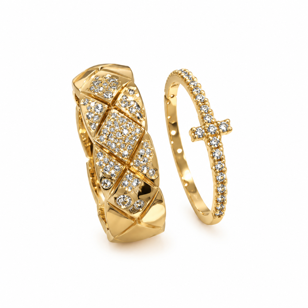 Gold Stackable Ring Set, Rhinestone Quilted Wide Band & Cross Ring, 2 Pcs Sparkly Stacking Rings for Women