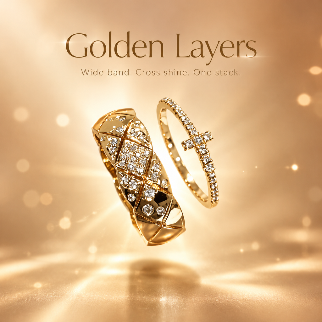 Gold Stackable Ring Set, Rhinestone Quilted Wide Band & Cross Ring, 2 Pcs Sparkly Stacking Rings for Women