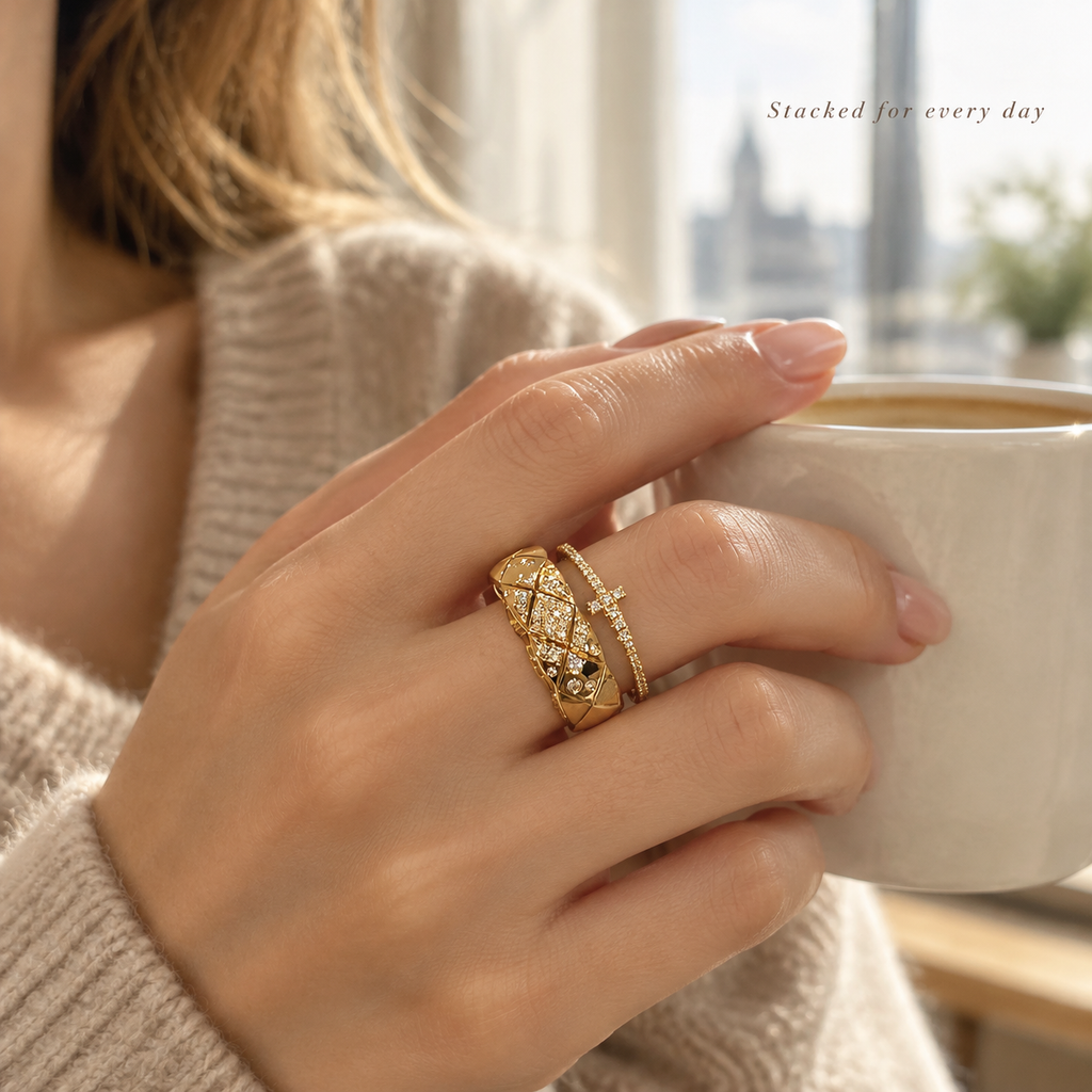 Gold Stackable Ring Set, Rhinestone Quilted Wide Band & Cross Ring, 2 Pcs Sparkly Stacking Rings for Women