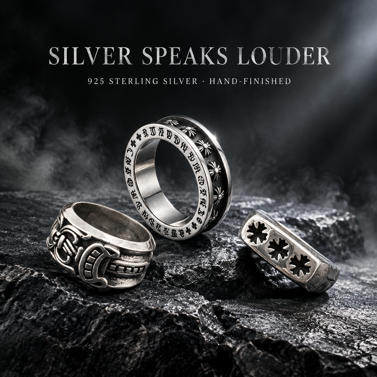 925 Sterling Silver Vintage Gothic Cross Unisex Statement Rings | Hand Finished Punk Band Rings