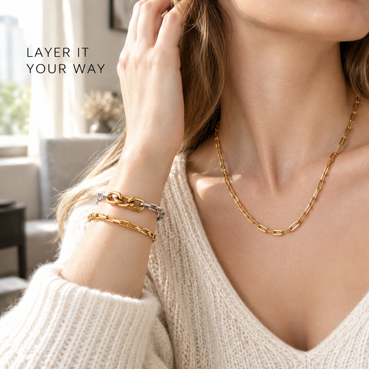 Waterproof Stainless Steel Paperclip Chain Bracelet | Unisex Gold & Two-Tone Stackable Bracelets  ### 顶部短摘要（放在描述最开头，访客第一眼阅读）