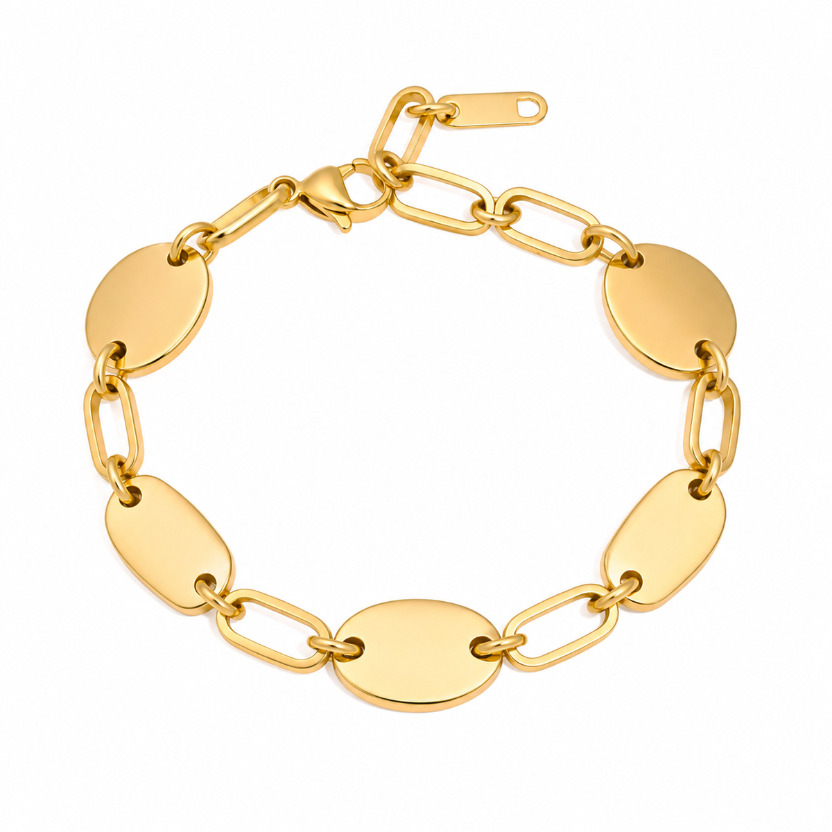 Waterproof Stainless Steel Gold Geometric Disc & Rectangle Chain Bracelets | Stackable Unisex Bracelets