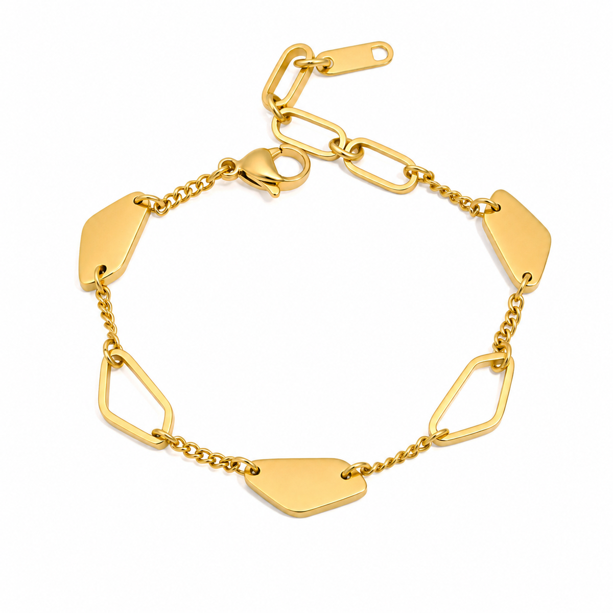 Waterproof Stainless Steel Gold Geometric Disc & Rectangle Chain Bracelets | Stackable Unisex Bracelets