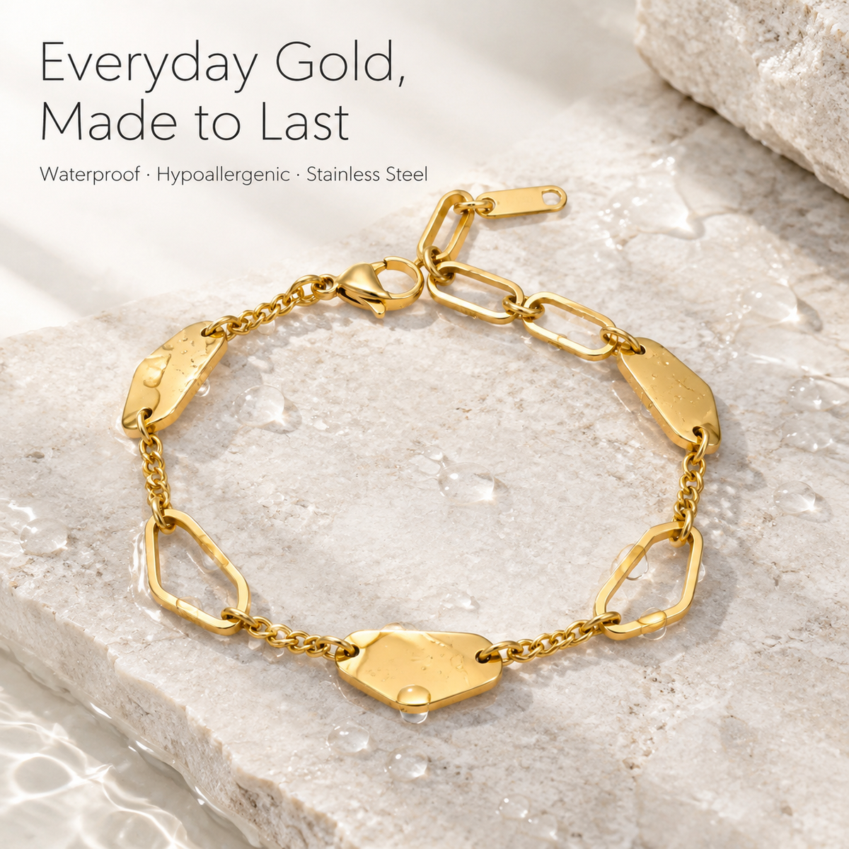 Waterproof Stainless Steel Gold Geometric Disc & Rectangle Chain Bracelets | Stackable Unisex Bracelets