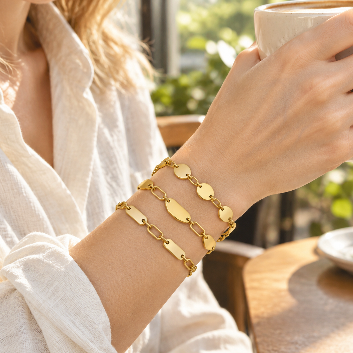 Waterproof Stainless Steel Gold Geometric Disc & Rectangle Chain Bracelets | Stackable Unisex Bracelets