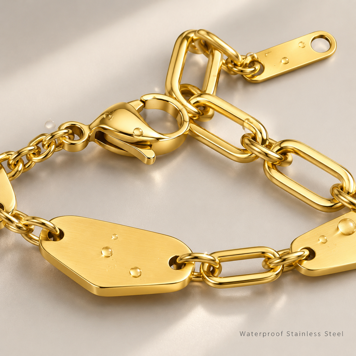 Waterproof Stainless Steel Gold Geometric Disc & Rectangle Chain Bracelets | Stackable Unisex Bracelets
