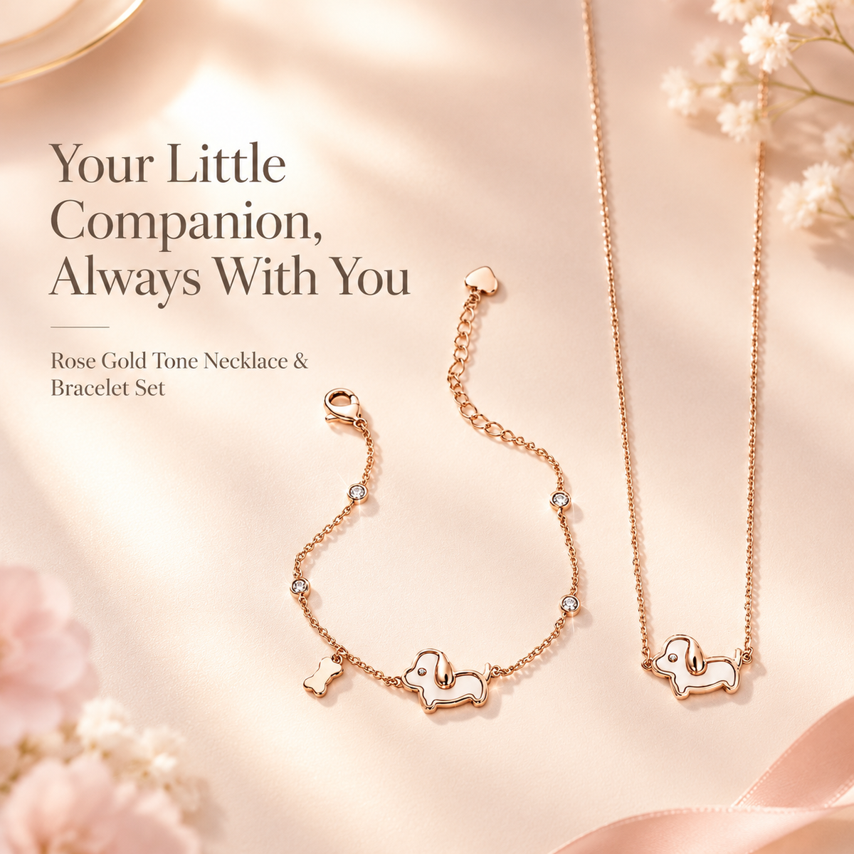 Rose Gold Tone Cute Puppy Necklace & Bracelet Jewelry Set, Enamel Dog Pendant Matching Jewellery Set for Women